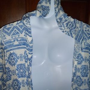 Plus size duster cardigan with a denim blue and cream Aztec print